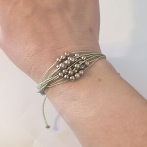 791 Pura Vida Green Multi Strand Silver Beaded Adjustable Slider Bracelet‎